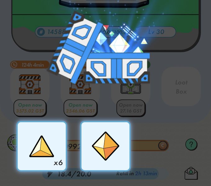 A mobile game screen showing a hexagonal loot box opening animation with rewards of x6 triangular tokens and x1 octahedral token, along with options to open other boxes costing GST.