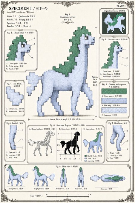 The image features a detailed drawing of a white horse with green spots, accompanied by a list of instructions or diagrams for creating a similar design. The instructions include measurements and descriptions of each step involved in making the model. The post also includes a thumbs up symbol, indicating that it is well-received or appreciated.