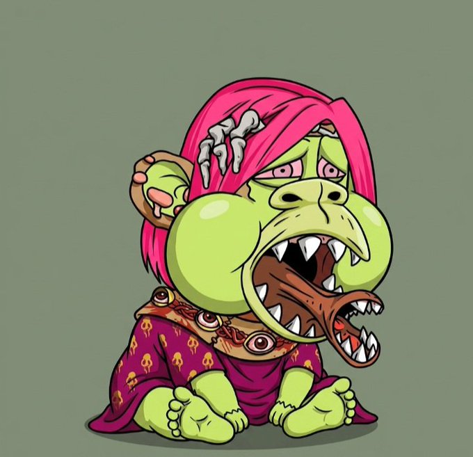 A cartoonish illustration of a green baby monster with bulging eyes, sharp fangs, and a pink mane of hair, wearing a purple robe with skull patterns.
