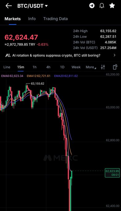 The image shows a BTC/USDT trading chart on MEXC displaying Bitcoin at $62,624.47, down 0.63% with a steep price decline visible on the 15-minute timeframe. This visual reinforces the post's sentiment of exhaustion, illustrating the relentless bearish volatility and constant screen-watching required to track such dramatic drops, embodying the torment of trading without respite.