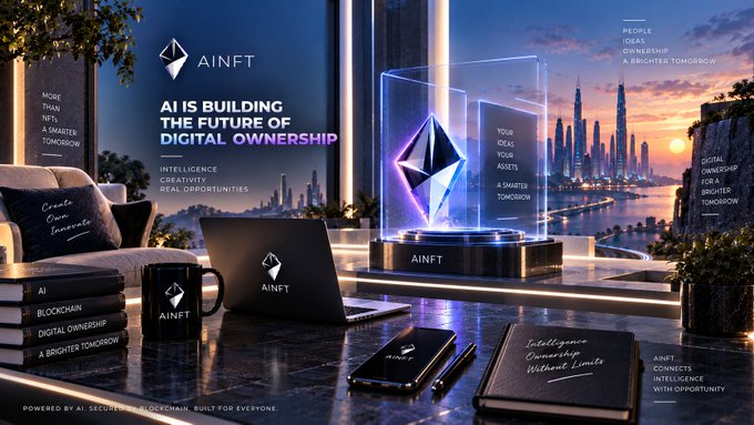 An AINFT promotional banner stating 'AI IS BUILDING THE FUTURE OF DIGITAL OWNERSHIP' featuring branded merchandise and an Ethereum logo display.