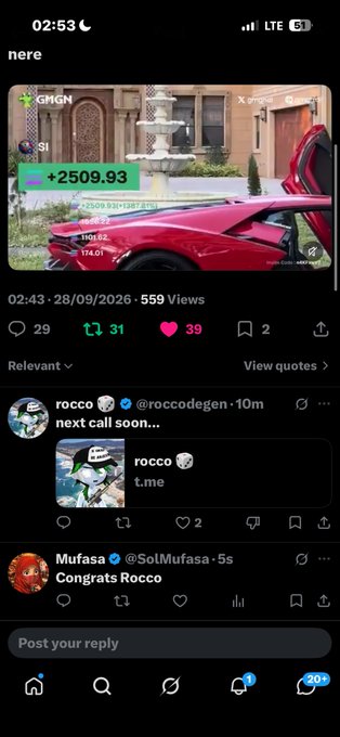 A screenshot of a social media feed showing a post with a red sports car, displaying '+2509.93' and timestamp '02:43 - 28/09/2026 - 559 Views', with replies from users 'rocco' and 'Mufasa' commenting 'Congrats Rocco'.