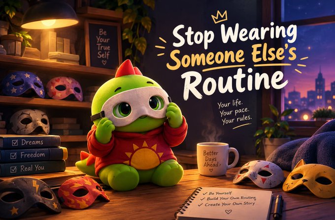 A digital illustration shows a cute green dragon-like character wearing a superhero cape and mask, surrounded by colorful masks and books, with the text "Stop Wearing Someone Else's Routine" and "Be Your True Self" displayed.
