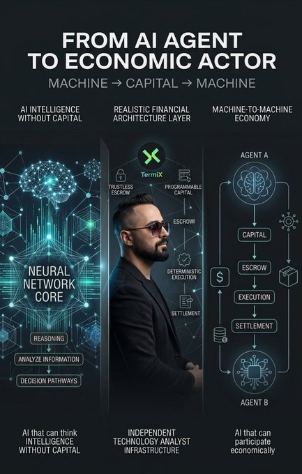 An infographic titled 'FROM AI AGENT TO ECONOMIC ACTOR' with the subtitle 'MACHINE → CAPITAL → MACHINE', depicting three pillars: AI Intelligence Without Capital (featuring a neural network core), a Realistic Financial Architecture Layer with TermiX (featuring a man and components like Trustless Escrow, Programmable Capital, and Settlement), and Machine-to-Machine Economy (showing Agent A and Agent B exchanging capital via escrow and execution).