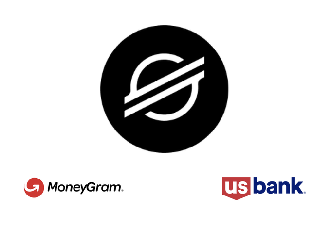 A graphic displaying the Stellar (XLM) cryptocurrency logo above the logos of MoneyGram and U.S. Bank, indicating a partnership between the three entities.