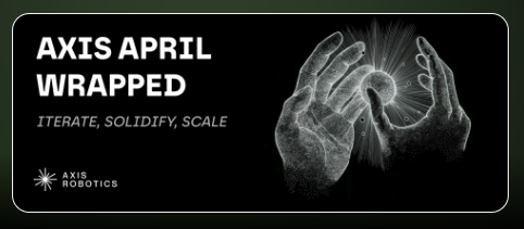 A dark banner reading 'AXIS APRIL WRAPPED - ITERATE, SOLIDIFY, SCALE' with the Axis Robotics logo and an illustration of hands holding a glowing sphere.