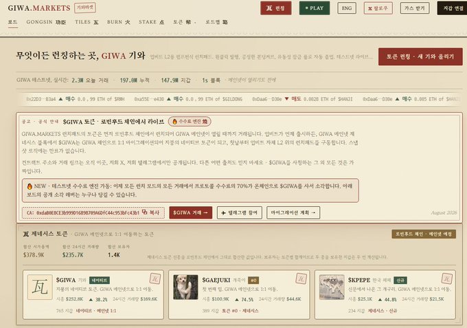Screenshot of the GIWA.MARKETS website showing a new GIWA 토큰 (GIWA Token) launch announcement with Korean text, displaying token metrics of 2.3K holders, 197.6K 누적 (cumulative), 147.9K 지갑 (wallets), and 1K holders, along with a 'SGIWA 거래소' (SGIWA Exchange) section.