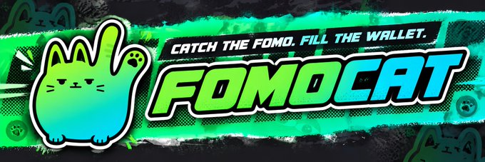 A green and teal promotional banner features a cute cartoon cat mascot beside the bold "FOMOCAT" logo, with the tagline "CATCH THE FOMO. FILL THE WALLET." displayed above it. The vibrant design, paired with FomoCat's playful branding, visually reinforces the post's message about the cat meme catching market hype while delivering wallet value to its community.