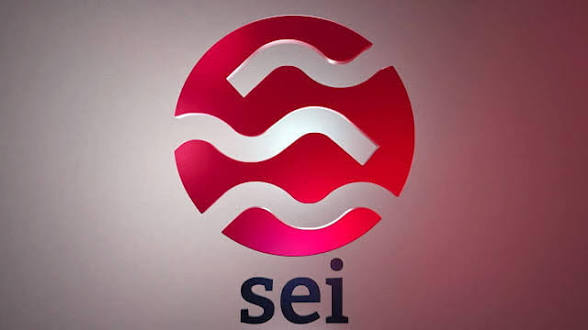 A 3D rendered logo on a gray and red gradient background showing wavy lines inside a red circle above the text 'sei'.