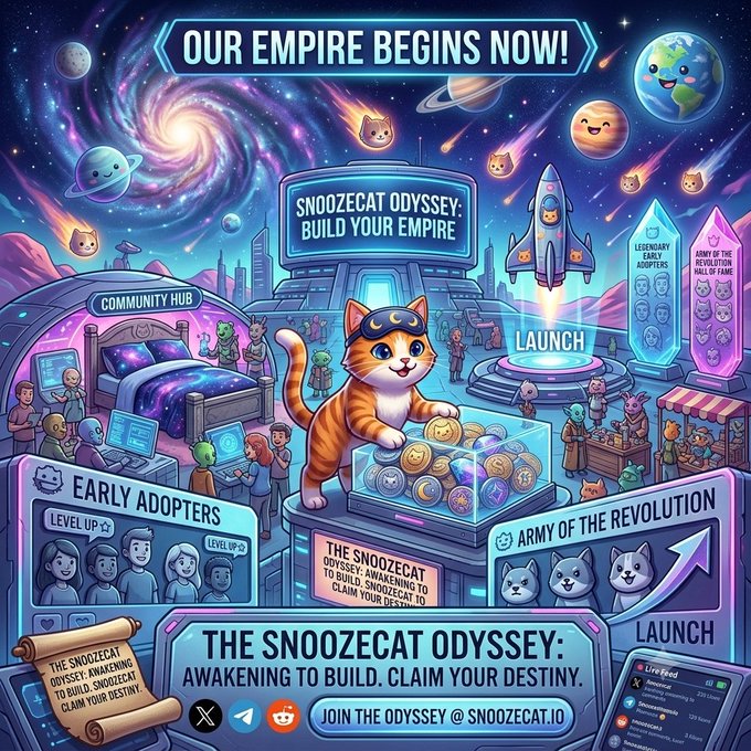 A vibrant promotional graphic for "$SnoozeCat Odyssey" featuring an orange cat in a space helmet atop a coin-filled chest, surrounded by cosmic imagery, planets, and a rocket launch, with text reading "OUR EMPIRE BEGINS NOW!" and "SNOOZECAT ODYSSEY: BUILD YOUR EMPIRE," alongside calls to "JOIN THE ODYSSEY @ SNOOZECAT.IO" and elements like "EARLY ADOPTERS," "ARMY OF THE REVOLUTION," and "COMMUNITY HUB." The image visually amplifies the post's message of launching a meme coin empire on Solana, inviting viewers to participate in building a crypto community.