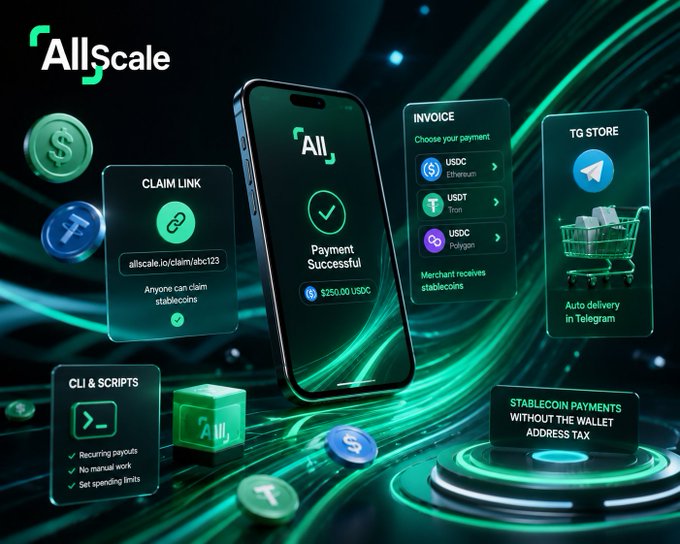 A promotional graphic for "AllScale" showing a smartphone with a successful payment of $250.00 USDC, surrounded by floating panels for a Claim Link, Invoice, TG Store, and CLI & Scripts.