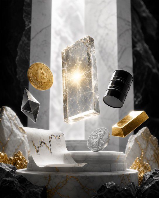A glowing crystal monolith surrounded by floating Bitcoin, Ethereum, silver, and gold coins, an oil barrel, and a financial chart on a marble pedestal, symbolizing WEEX's all-in-one trading platform across crypto, commodities, and traditional assets. The composition unites diverse markets under one radiant emblem of opportunity.