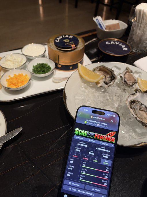 A smartphone displaying a 'Slay the Spire' game screen is propped up against a plate of fresh oysters on ice, with a tin of Caviar and side dishes in the background.