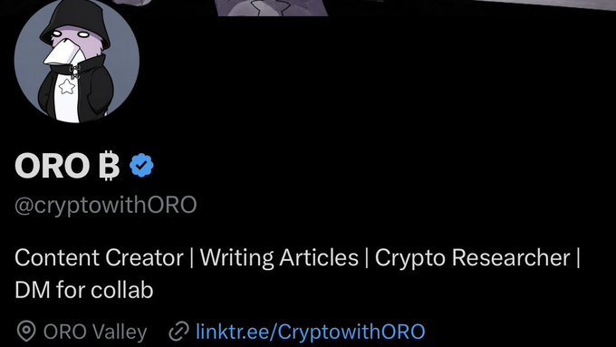 A Twitter/X profile for "ORO ✞" (@cryptowithORO), verified badge visible, bio reads "Content Creator | Writing Articles | Crypto Researcher | DM for collab" with location "ORO Valley" and linktr.ee/CryptowithORO.