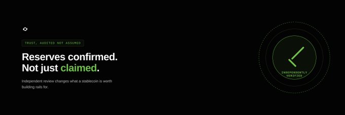 A minimalist black graphic with green accents reading 'TRUST, AUDITED, NOT ASSUMED' and 'Reserves confirmed. Not just claimed,' accompanied by a green seal for 'INDEPENDENTLY VERIFIED'.