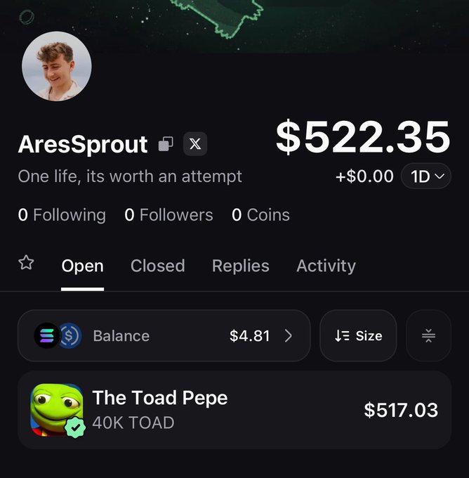 A screenshot of AresSprout's portfolio showing a total balance of $522.35, with the bulk of holdings—$517.03 worth of "The Toad Pepe" (40K TOAD)—visually confirming the meme coin gift mentioned in the caption.