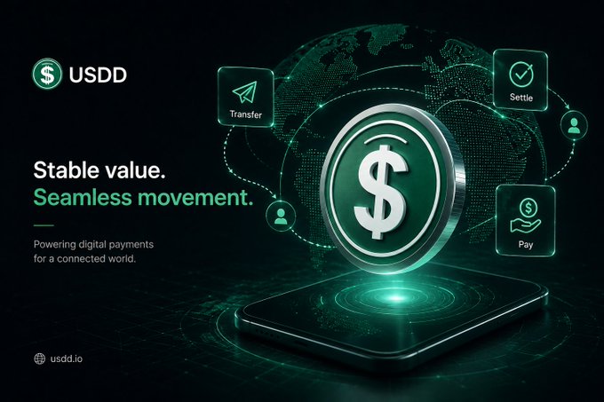A promotional graphic for USDD featuring a large dollar-signed coin hovering above a smartphone, surrounded by icons representing "Transfer," "Settle," and "Pay," set against a digital globe backdrop with the tagline "Stable value. Seamless movement. Powering digital payments for a connected world." The visual reinforces the post's message by illustrating how USDD enables the seamless transfer, settlement, and payment of dollar-denominated value within blockchain infrastructure.