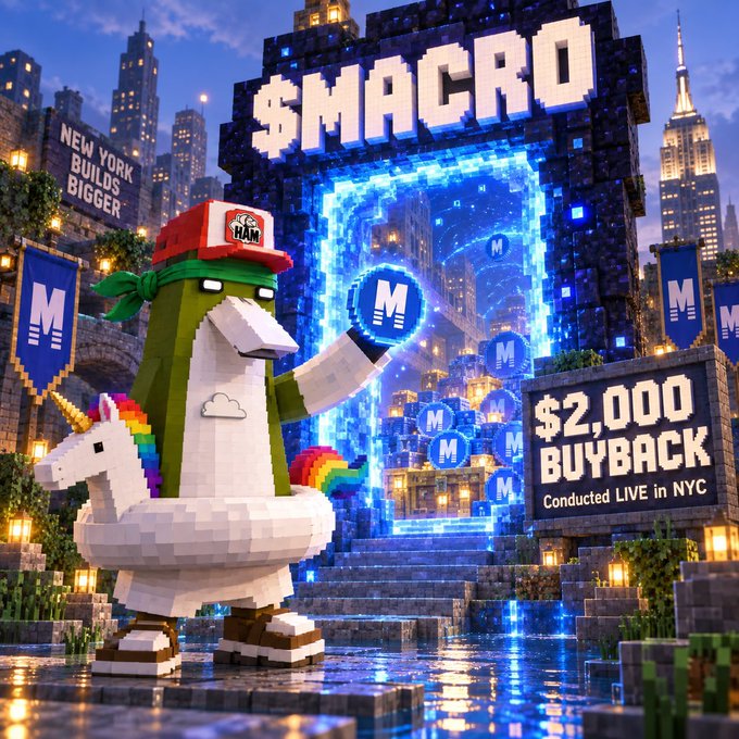 A pixel art advertisement featuring a pickle character in a floatie and cap, with text '$MACRO', 'NEW YORK BUILDS BIGGER', and '$2,000 BUYBACK Conducted LIVE in NYC'.