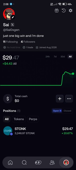 A mobile screenshot of a crypto/portfolio app showing a profile 'Sai (@Sai0xgen)' with a balance of $29.47, featuring a holding in '$TONK' (stonk token) up 20.67%.