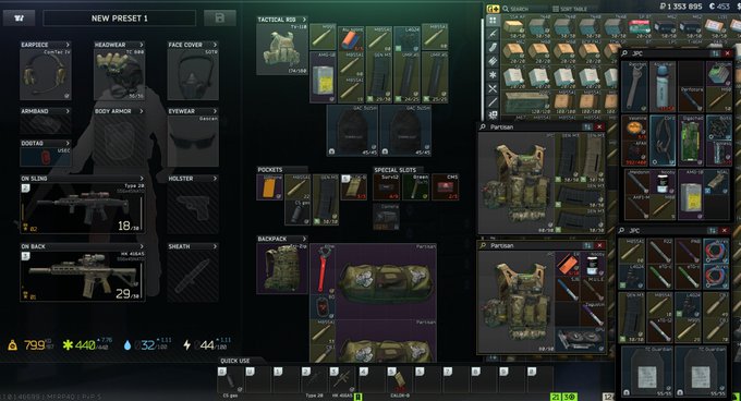 This is a screenshot from the game Escape from Tarkov, showing an inventory screen with a character's gear and items, including weapons like the HK 416A5, tactical vests labeled "Partisan," and various ammunition and medical supplies. The limited inventory space, indicated by the full bags and numerous items, likely relates to the accompanying post's complaint about "less than 10%" space.