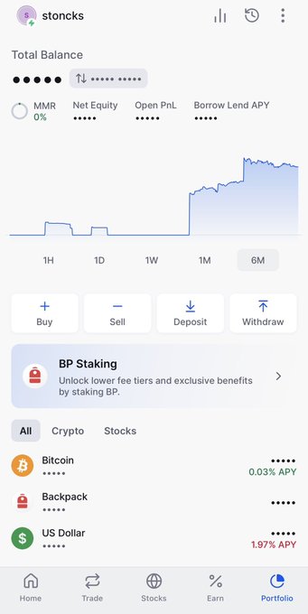 Screenshot of a Backpack (stoncks) mobile app portfolio screen showing total balance, a 6M performance chart, and holdings including Bitcoin (0.03% APY), Backpack, and US Dollar (1.97% APY).