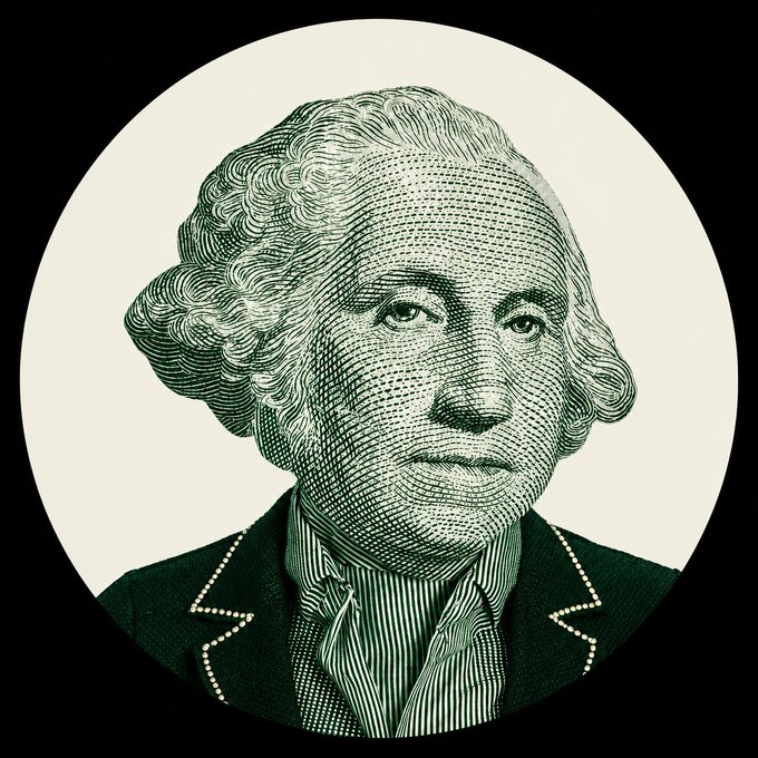 A portrait of George Washington, rendered in the style of the U.S. one-dollar bill, framed within a circular black border. The image visually reinforces the post's theme of questioning the value and meaning of money, echoing the "$1" and "$1dollarai.app" references by using the face most associated with American currency.