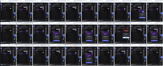 A grid of thirty screenshots displays a sequence of dark-themed Discord chat interfaces showing a conversation and message deletion.