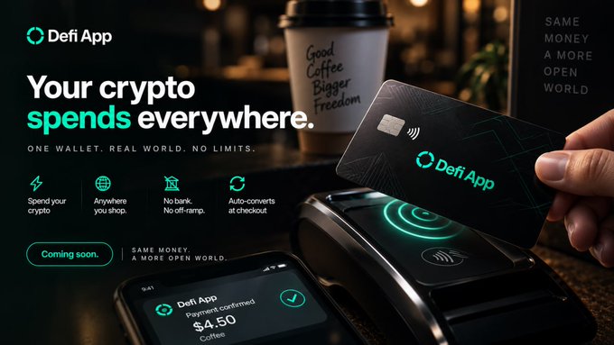 An advertisement for 'Defi App' featuring a black crypto card and a phone showing a $4.50 payment confirmation, with the slogan 'Your crypto spends everywhere'.