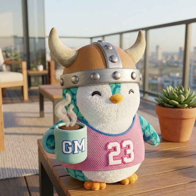 A plush penguin toy wearing a viking helmet and a pink jersey reading 'GM 23,' holding a steaming mug that says 'GM' while sitting on a balcony table.