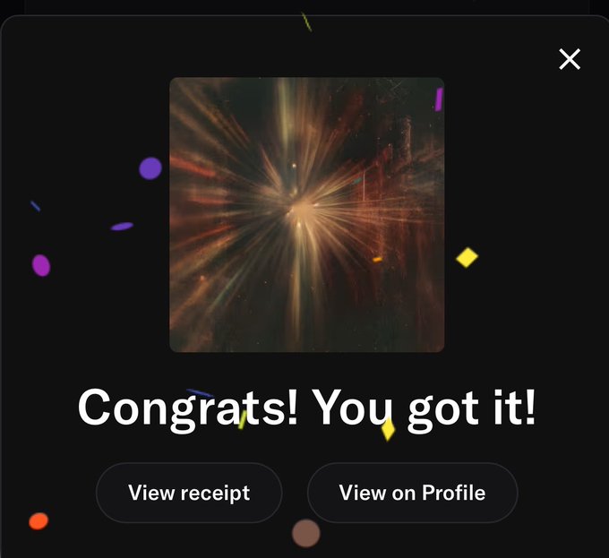 A celebration screen with confetti displaying 'Congrats! You got it!' along with 'View receipt' and 'View on Profile' buttons.
