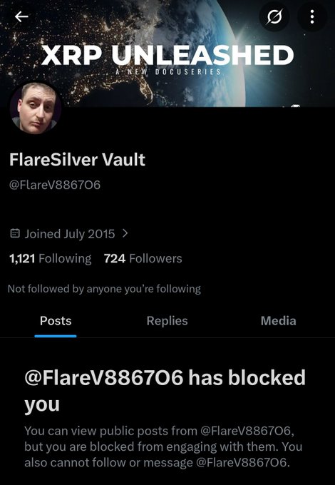 A Twitter/X profile screenshot for 'FlareSilver Vault' (@FlareV886706) with an XRP Unleashed banner, showing 1,121 Following, 724 Followers, and a notice stating '@FlareV886706 has blocked you'.