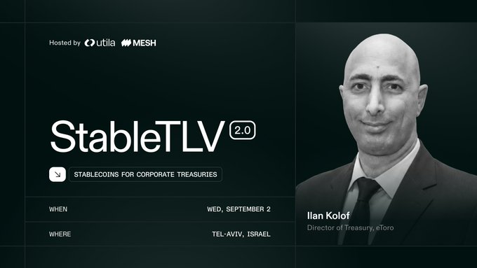 An event invitation for "StableTLV 2.0" hosted by Utila and MESH, featuring a speaker named Ilan Kolof (Director of Treasury at eToro) discussing "Stablecoins for Corporate Treasuries" on September 2 in Tel-Aviv, Israel.
