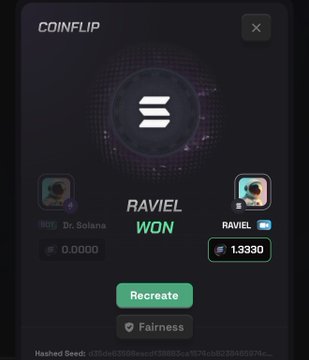 The image shows a CoinFlip game result screen where "RAVIEL WON" against "Dr. Solana," with a payout of 1.3330 displayed alongside the winning multiplier and "WON" text. The user won the bet by correctly guessing the coin flip outcome, turning their wager into a multiplied payout that aligns with their $50 doubling claim.