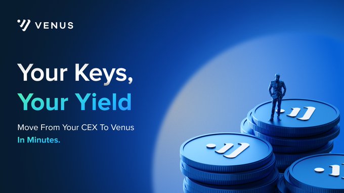 A promotional graphic for Venus Protocol featuring the text "Your Keys, Your Yield" and "Move From Your CEX To Venus In Minutes," alongside a small figurine standing on stacks of coins branded with Venus's logo. The image aligns with the @VenusProtocol post by promoting their DeFi platform's yield opportunities as an alternative to centralized exchanges.