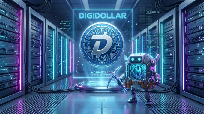 The image features a robot standing next to a computer screen with the text "Digidollar" written above it. The robot has a shovel in its hand and appears to be in front of a server rack, which suggests that they are in a data center or a similar environment related to technology and computing.