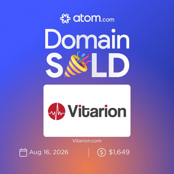An advertisement from atom.com for a domain sale titled 'Domain SOLD', featuring the 'Vitarion' logo, the date 'Aug 16, 2026', and a sale price of '$1,649' for Vitarion.com.
