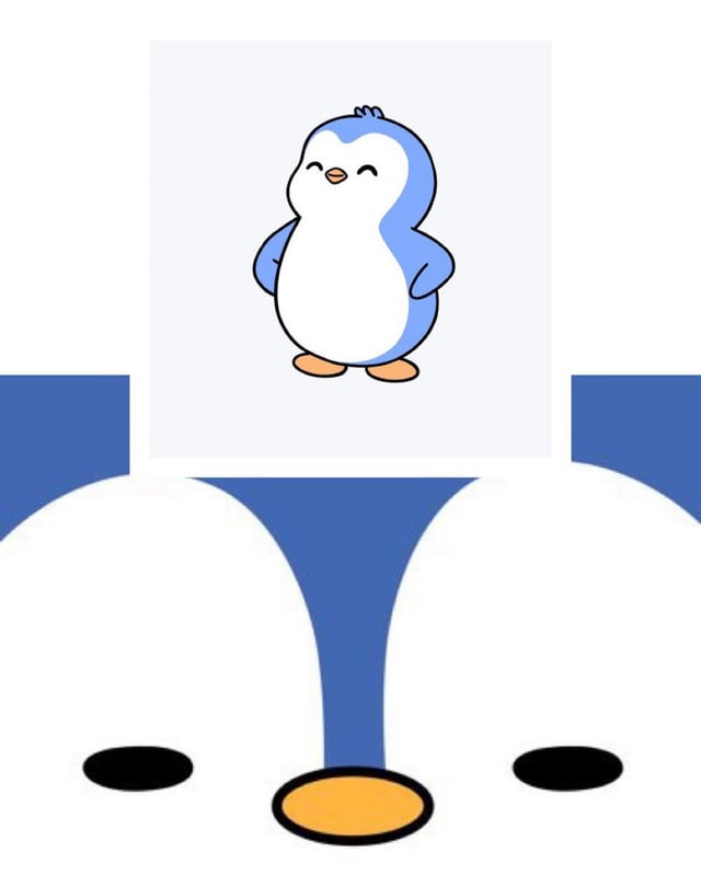 A cute blue and white cartoon penguin with a happy expression sits inside a Polaroid-style frame, while below it appears a face design with a matching blue color scheme. The image relates to the post celebrating Pudgy Penguins as the best Web3 community, with the cheerful penguin serving as a visual representation of the popular NFT collection.