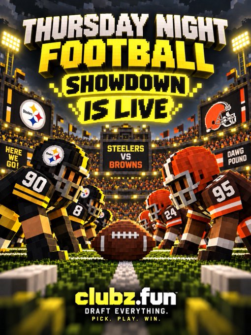 A promotional advertisement for 'clubz.fun' showing a voxel-style football game, featuring blocky players from the Pittsburgh Steelers and Cleveland Browns, with the text 'THURSDAY NIGHT FOOTBALL SHOWDOWN IS LIVE' and 'STEELERS VS BROWNS'.