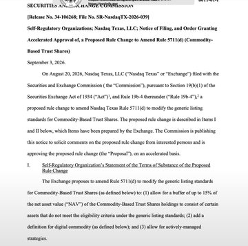 A Nasdaq Texas filing referencing SEC Rule 5711(d) and the Securities Exchange Act of 1934, showing the SEC's accelerated approval of a proposed rule change to amend Nasdaq's Commodity-Based Trust Share listing standards. The image supports the post's claim about the SEC approving updated Nasdaq Texas trust rules, confirming the regulatory context for the approval to list trusts tied to commodities like Bitcoin, Ether, and Solana.
