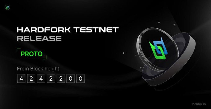 A promotional graphic for the Beldex 'HARDFORK TESTNET RELEASE' labeled 'PROTO', starting from block height 4,242,200.