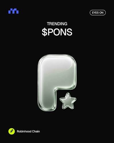 Promotional graphic for '$PONS' token on Robinhood Chain, labeled as 'TRENDING' with a 3D 'P.' logo design.