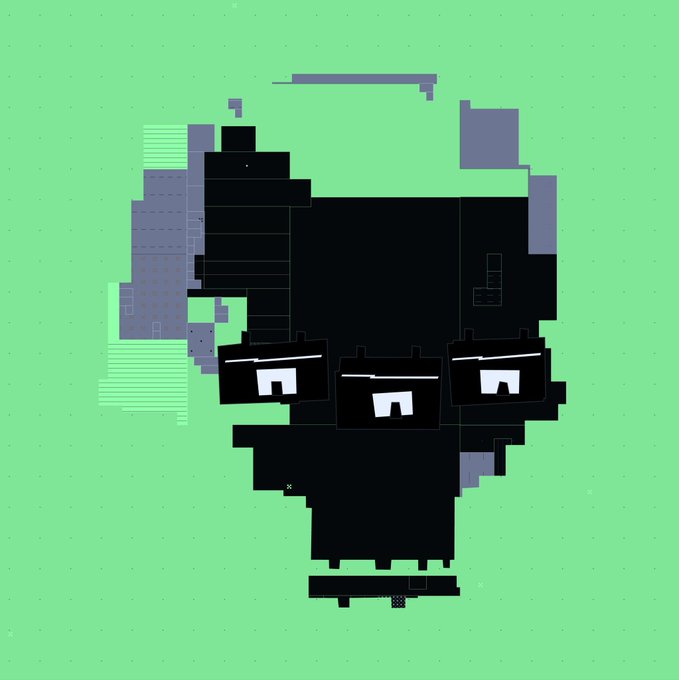 A pixel art image showing three black blocky figures with white rectangular eyes on a green dotted background, with gray pixelated architectural elements behind them.