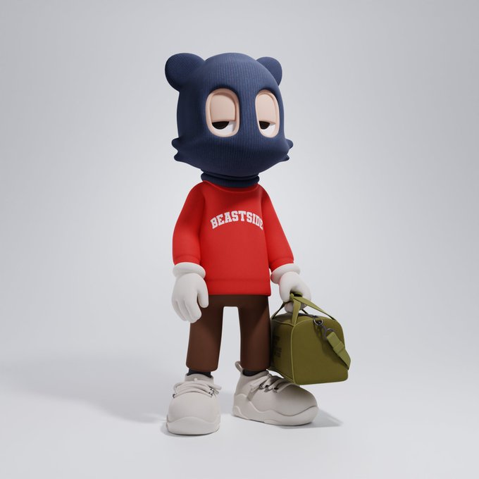 A 3D-rendered character with a blue bear-like head wearing a red sweater with 'BEASTSIDE' text, brown pants, and holding a green bag.