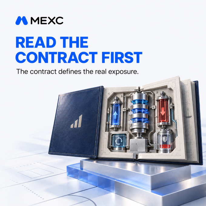 An advertisement for MEXC cryptocurrency exchange features the text 'READ THE CONTRACT FIRST. The contract defines the real exposure.' alongside an illustration of an open book containing mechanical and digital elements.
