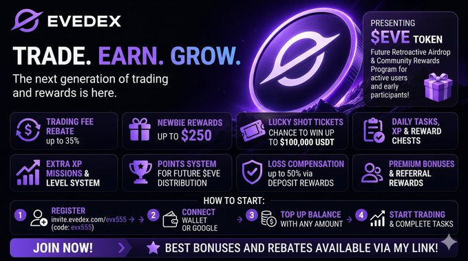 The image features a poster for trading platform, Evedex, which has purple background with white text. The poster highlights the benefits of using Evedex as a trading platform, such as earning rewards and gaining access to exclusive trading opportunities. It also mentions that the platform is transparent about its projects and offers a variety of trading options.