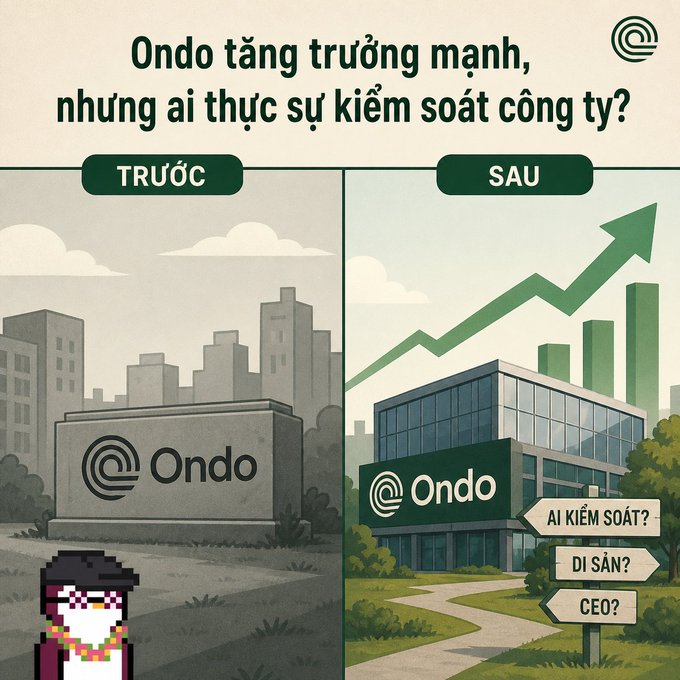A split-screen graphic titled 'Ondo tăng trưởng mạnh, nhưng ai thực sự kiểm soát công ty?' contrasts Ondo's past and present growth, with signs asking 'AI KIỂM SOÁT?', 'DI SẢN?', and 'CEO?'.