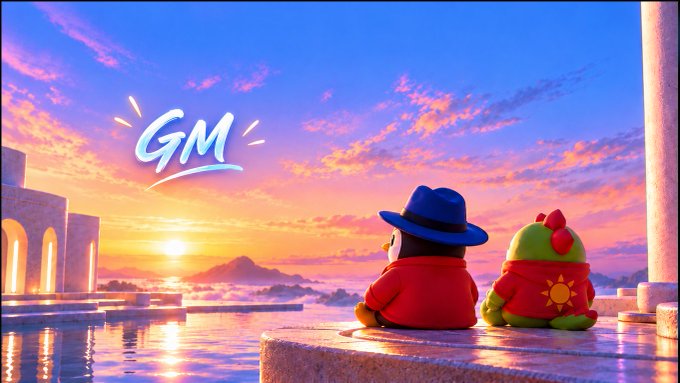 Two cute characters sitting on a ledge watching a sunset by a pool, with 'GM' written in stylized blue text in the sky.