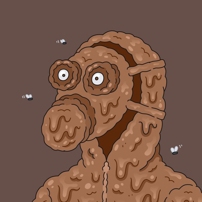 A 2D cartoon illustration of a melting, chocolate-like humanoid figure with wide, staring eyes, set against a brown background with small white flies buzzing around.