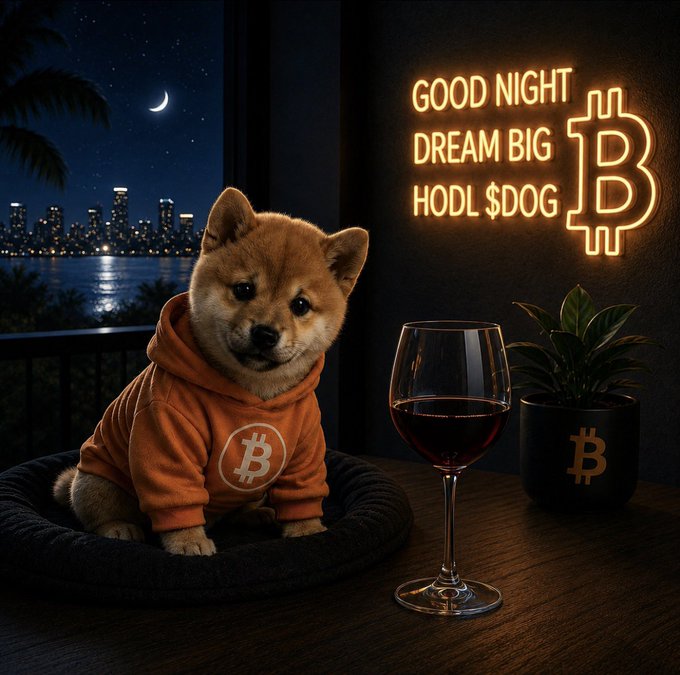 A Shiba Inu dog wearing an orange Bitcoin hoodie sits on a bed next to a glass of red wine, with a neon sign reading 'GOOD NIGHT DREAM BIG HODL $DOG' and a Bitcoin logo visible in the scene.