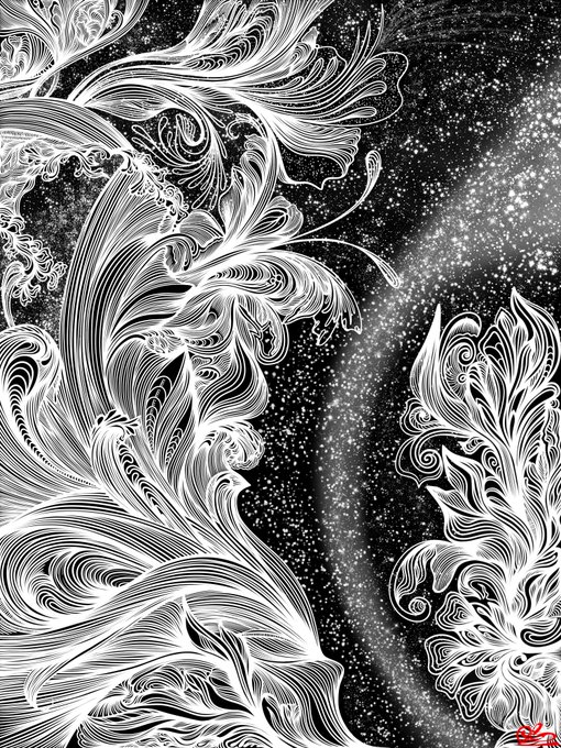 An intricate black and white drawing of flowing, ornamental flourishes and floral patterns that resemble waves or smoke against a starry backdrop.